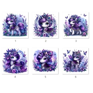 Puede incluir: Conjunto de seis impresiones cuadradas con ilustraciones de unicornios caprichosos. Cada unicornio está representado con colores morados y blancos, adornado con detalles florales y de plumas, y rodeado de flores y mariposas.