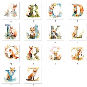 May include: Watercolour illustrations of the alphabet with a fox sitting next to each letter. The letters are in a variety of colours and the foxes are all orange with white accents.