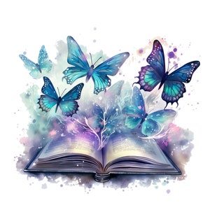 Peut inclure: Illustration à l'aquarelle d'un livre ouvert avec des papillons bleus émergeant des pages. Les papillons ont des motifs complexes sur leurs ailes dans des tons de bleu, de violet et de sarcelle. L'arrière-plan présente un effet aquarelle doux et onirique avec des éclaboussures de couleur.
