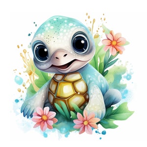 May include: A cute, blue and white baby turtle with a yellow shell, surrounded by pink flowers and green leaves. The turtle has big, black eyes and a sweet expression.