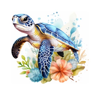 Könnte beinhalten: Eine blaue und gelbe Meeresschildkröte mit grünem Panzer schwimmt in einem Aquarell-Blumenhintergrund. Die Blumen sind rosa, blau und gelb.