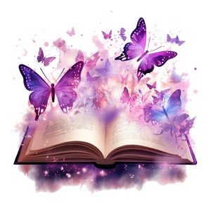Könnte beinhalten: Ein offenes Buch mit lila Schmetterlingen, die aus ihm herausfliegen. Das Buch ist von einem rosa und lila Aquarellhintergrund umgeben.