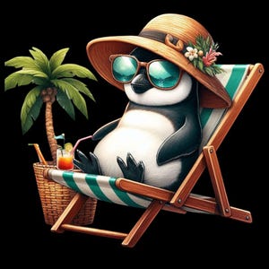 Puede incluir: Un pingüino de dibujos animados con gafas de sol y un sombrero de paja, relajándose en una tumbona. El pingüino es blanco y negro, con un sombrero de paja adornado con flores. Una palmera y un cóctel están en el fondo. La silla tiene rayas verdes y blancas.