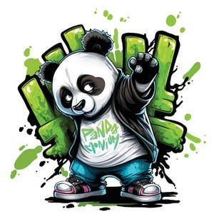 May include: A cartoon panda wearing a black leather jacket, blue jeans, and white t-shirt with the text "Panda-monium" printed on it. The panda is standing in front of a green and black graffiti background.