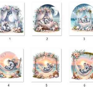 May include: Six illustrations of a koala bear sleeping in different settings. The koala is wearing a flower crown and is surrounded by flowers and seashells. The settings include a hammock, a bed, and a beach.