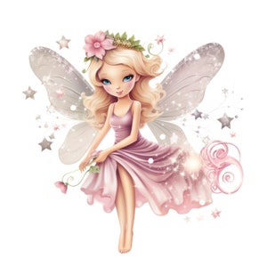 以下が含まれることがあります： 金髪、青い目、ピンクのドレスを着た妖精のイラスト。 花冠をかぶり、大きく輝く翼を持っています。 星と輝きが彼女を囲み、魔法のように魅惑的なシーンを作り出しています。