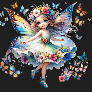 Könnte beinhalten: Eine bunte Fee mit blauen Flügeln und einem Blumenkleid, umgeben von Schmetterlingen. Die Fee hat blonde Haare und blaue Augen. Sie trägt eine Blumenkrone.