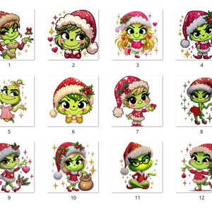 以下が含まれることがあります： 緑色のクリスマスキャラクター、グリンチのデジタルイラストが12種類あります。グリンチはサンタの帽子をかぶり、プレゼント、キャンディーケーン、ハート、クリスマスツリー、その他のクリスマスモチーフのアイテムを持っています。イラストはカートゥーンスタイルで、お祝いの雰囲気があります。