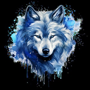 May include: A blue and white wolf with a watercolor background. The wolf's fur is detailed and realistic, and the background is a soft blue with white splatters.