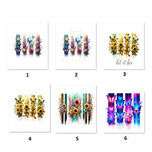 Könnte beinhalten: Sechs quadratische Kunstdrucke mit floralen und Schmetterlingsmotiven. Jeder Druck zeigt vertikale Streifen mit Blumen, Schmetterlingen und Text. Die Farbpaletten umfassen Blau, Lila, Gelb und Grün. Der Text enthält "Jesus is My Lord and Savior" und "let it bee".