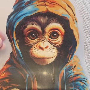 Puede incluir: Una ilustración colorida de un mono con una sudadera con capucha azul y naranja. El mono tiene una expresión juguetona y mira directamente al espectador.