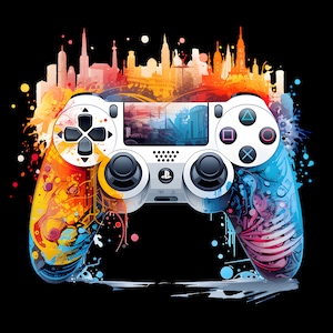 Puede incluir: Un mando de PlayStation 4 blanco con diseños abstractos coloridos en las empuñaduras. El mando está colocado sobre un fondo de horizonte urbano.