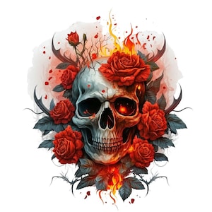 Könnte beinhalten: Ein weißer Schädel mit einem roten Auge, umgeben von roten Rosen und Flammen.