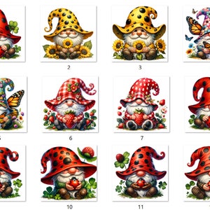 May include: Twelve different gnome illustrations with various hats and accessories. Each gnome is sitting on a bed of green leaves and holding a ladybug or strawberry. The gnomes are wearing hats with polka dots, chequered patterns, and yellow spots.