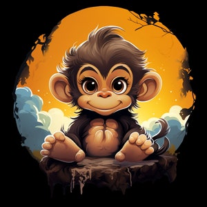 Op de afbeelding: Een cartoonillustratie van een bruine aap met grote ogen die op een rots zit tegen een gele en oranje zonsondergang.