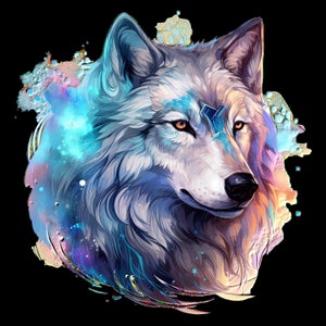 Pode incluir: Um lobo branco com detalhes azuis e roxos, sobre um fundo de galáxia colorido. O lobo tem um cristal na testa e uma expressão suave.