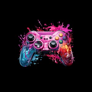 May include: A pink and blue video game controller with colorful paint splatters. The controller has buttons labeled A, B, X, and Y.