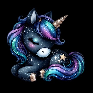 May include: A black unicorn with a blue, green, and purple mane and tail. The unicorn has gold stars on its body and a gold horn with a spiral design.