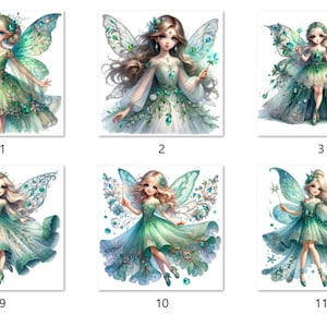 May include: Six illustrations of fairies with wings, each with a different pose and expression. The fairies are wearing green and white dresses with intricate details and are holding wands. The background is white.