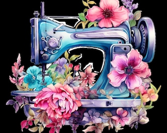 May include: A vintage blue sewing machine with a floral design. The machine is surrounded by pink, purple, and blue flowers.