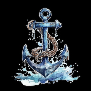 Könnte beinhalten: Ein blauer Aquarellanker mit einem Seil darum gewickelt, der mit Wasser tropft und von blauen Aquarellspritzern umgeben ist.