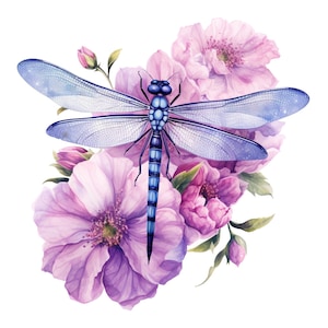 May include: A blue dragonfly with clear wings perched on a cluster of pink flowers. The flowers have a watercolour effect and are in various stages of bloom.