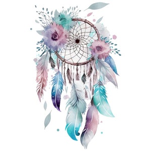 May include: A watercolor illustration of a dreamcatcher with feathers in shades of blue, purple, and pink. The dreamcatcher is decorated with flowers and has a beaded fringe.