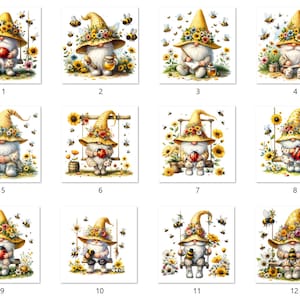 May include: Twelve digital illustrations of gnomes wearing yellow hats with flowers and sitting on swings. Each gnome is holding a ladybug or a jar of honey. The gnomes are surrounded by bees and flowers.