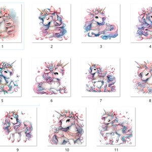 May include: A collection of 11 digital illustrations featuring cute cartoon unicorns with pink and blue manes and tails, wearing floral crowns and dresses. The unicorns are in various poses, some with wings, some with flowers, and some with butterflies.