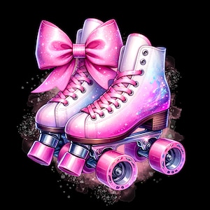 Op de afbeelding: Een paar roze rollerskates met een grote roze strik aan de voorkant. De skates hebben witte veters en een galaxy-thema design.