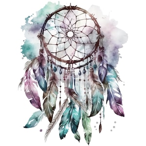 Könnte beinhalten: Eine Aquarell-Illustration eines Traumfängers mit Federn in den Farben Lila, Türkis und Braun. Der Traumfänger hat einen Perlenbesatz und ein kreisförmiges Netzdesign.