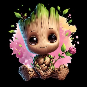 Könnte beinhalten: Eine Cartoon-Illustration eines grünen und braunen Groot-Charakters aus dem Guardians of the Galaxy-Film-Franchise. Der Charakter sitzt mit einer Blume in der Hand und ist von rosa und gelben Aquarellspritzer umgeben.