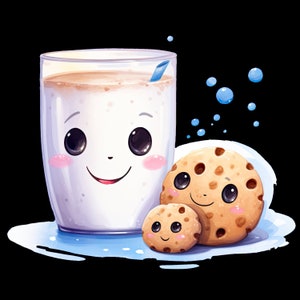以下が含まれることがあります： かわいい漫画の顔をした牛乳の入ったグラスと、かわいい漫画の顔をしたチョコレートチップクッキーが2つ。クッキーは青い斑点のある白い表面の上に置かれています。