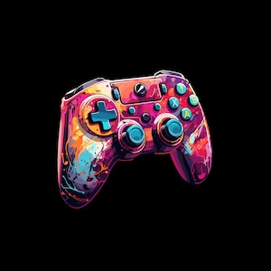 Op de afbeelding: Een kleurrijke videogamecontroller met een roze, blauwe en paarse verfspatten ontwerp. De controller heeft een zwarte achtergrond en gele knoppen.