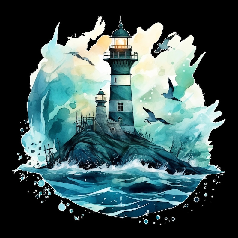 May include: A watercolor painting of a lighthouse on a rocky island with crashing waves. The lighthouse is white with a blue and green striped tower and a small, white, domed roof. The sky is a light blue with a yellow sunset in the background. There are four seagulls flying around the lighthouse.