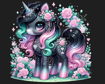 May include: A black unicorn with pink and green hair, wearing a jeweled necklace and a floral crown. The unicorn is surrounded by pink and green flowers.