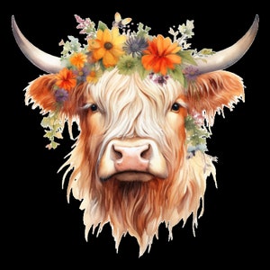 May include: A watercolor painting of a Highland cow with a floral crown. The cow has a white face and brown body. The flowers in the crown are orange, yellow, and purple.
