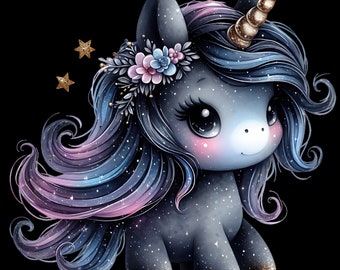 Könnte beinhalten: Ein süßes Cartoon-Einhorn mit einer blauen und violetten Mähne und einem Schwanz, einem goldenen Horn und einer Blumenkrone. Das Einhorn hat große, blaue Augen und eine rosa Nase. Der Hintergrund ist schwarz.