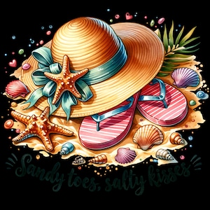 Puede incluir: Ilustración en acuarela de artículos de playa sobre un fondo negro. Un sombrero de paja con una cinta azul está sobre arena junto a chanclas de rayas rosas y blancas, estrellas de mar y conchas marinas. El texto "Sandy toes, salty kisses" está en la parte inferior.