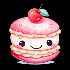Peut inclure: Un macaron rose et blanc avec une cerise sur le dessus. Le macaron a un visage de dessin animé mignon avec des yeux souriants et une bouche.