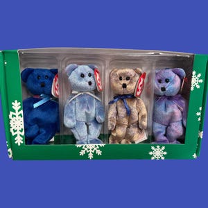 Può includere: Un set di quattro orsacchiotti Beanie Baby in una scatola di plastica trasparente con sfondo verde. Gli orsacchiotti sono blu, azzurro, marrone e viola. La scatola ha un motivo a fiocco di neve.