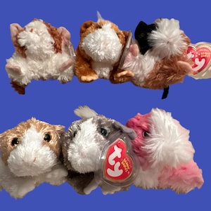 May include: A collection of ten plush toys shaped like guinea pigs. The toys are brown, white, gray, and pink. They have small black eyes and white noses. The toys are all wearing Ty tags.