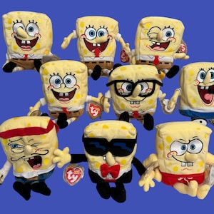 May include: Nine yellow plush toys of SpongeBob SquarePants characters. Each character has a different expression and is wearing different clothing. The characters are all standing on a blue background.