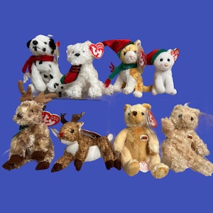 May include: A collection of eight plush toys, including a reindeer, a dalmatian, a cat, a bear, and a dog. The toys are all wearing festive holiday attire, such as Santa hats and scarves.