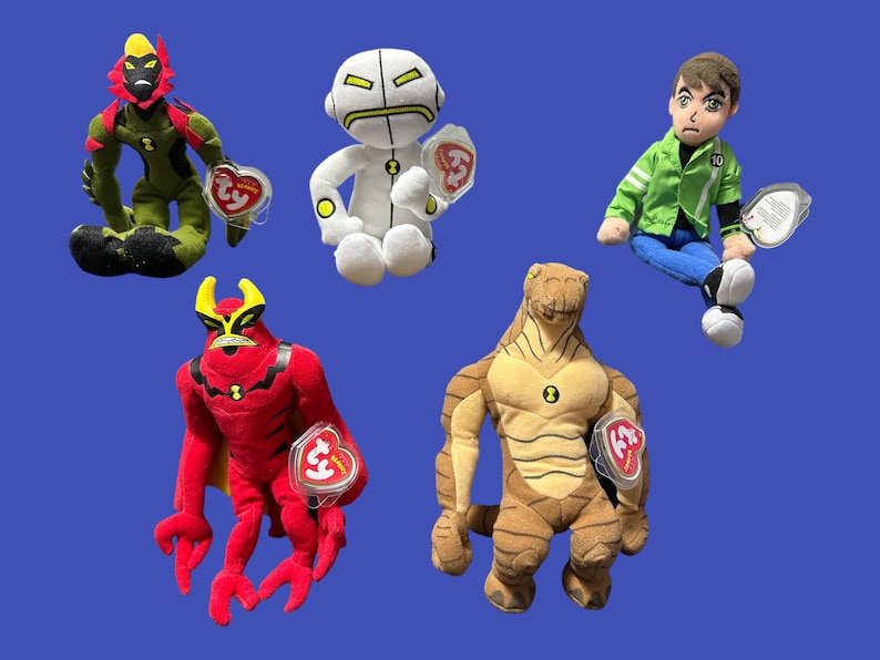 K&ouml;nnte beinhalten: F&uuml;nf Pl&uuml;schtiere aus der Zeichentrickserie Ben 10. Die Spielzeuge sind alle verschiedene Charaktere aus der Show, darunter Ben 10, Four Arms, Diamondhead, Wildmutt und Heatblast. Jedes Spielzeug hat ein rotes und wei&szlig;es Ty Beanie Baby-Etikett.