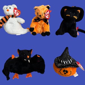 May include: Five Halloween-themed plush toys: a white ghost with an orange and black scarf, an orange cat with a black bow tie, a black cat with a black hat, a black bat with orange wings, and an orange pumpkin with a black witch hat.