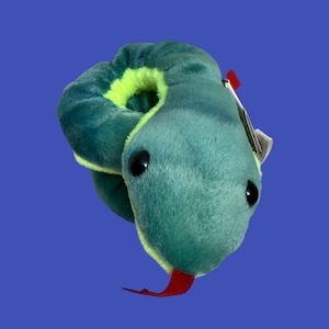 May include: A teal and green plush snake toy with a red tongue and black eyes. The snake has a tag attached. The toy is set against a blue background.
