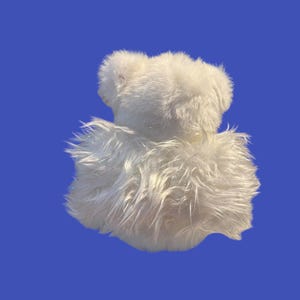 May include: A white, fluffy stuffed animal, possibly a bear, against a blue background. The toy has a shaggy texture and a soft appearance. The image is well-lit, highlighting the plush material.