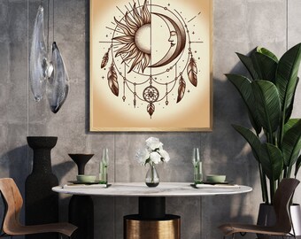 Celestial Whisper | Sztuka boho „Słońce i Księżyc” | NATYCHMIASTOWY DRUKU DO POBRANIA