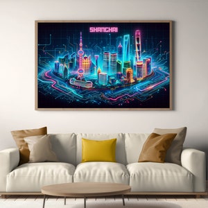 Futuro de neón de Shanghai / Mapas abstractos de la ciudad / IMPRESIÓN DESCARGABLE INSTANTÁNEA